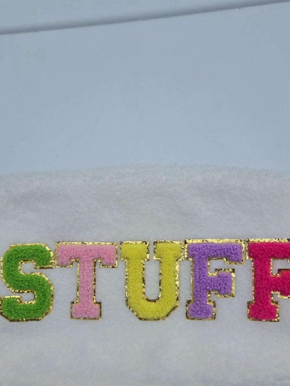 Sherpa Plush 'STUFF' Pouch in Multicolor Letters Cosmetic Bag